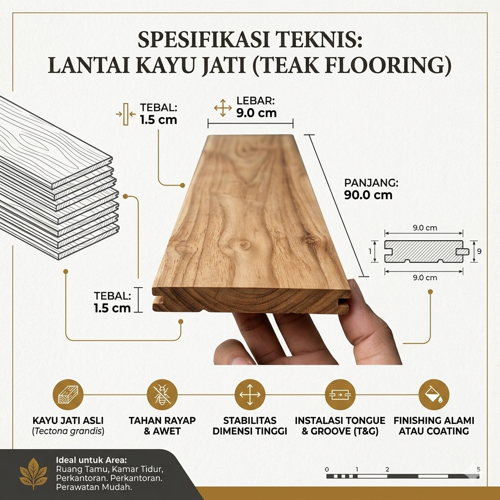 Flooring Lantai Kayu Jati Murah Per Meter 1,5 x 9 x 90 cm